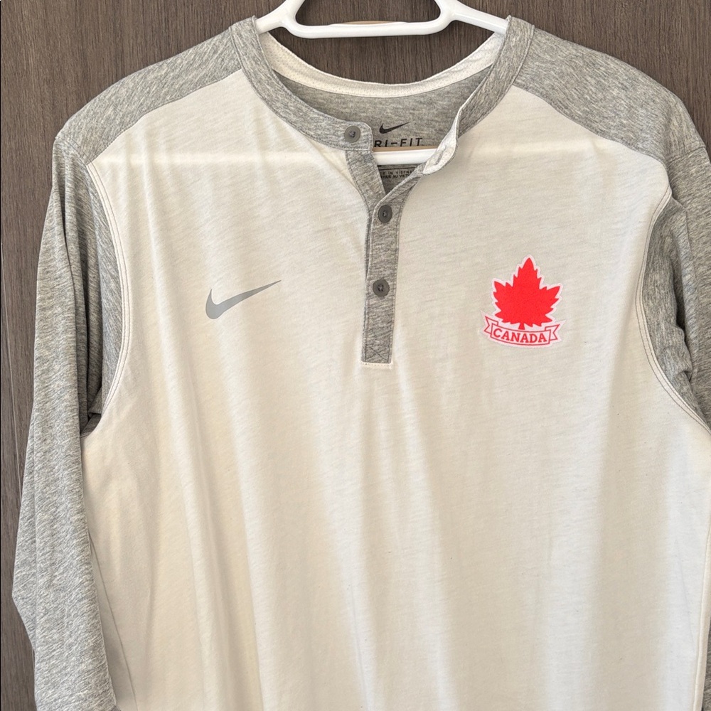 Nike Long Sleeve Henley Shirt in White, Gray with Maple Leaf logo